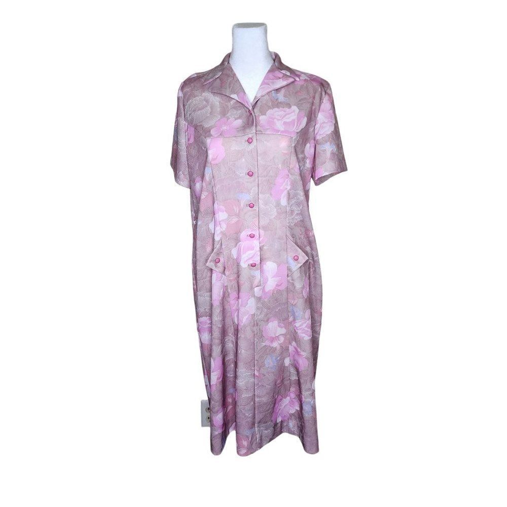 Vintage 70s Housecoat Day Dress Womens Size M Pink Polyester Pockets